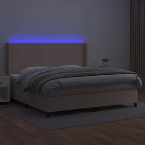 Cama box spring c/colchão/LED 200x200cm couro artif. cappuccino