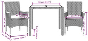 3 pcs conjunto jantar jardim c/ almofadões vime PE/vidro cinza