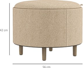 Pufe redondo, apoio para os pés 56 L x 56 P x 42 A cm e banco com compartimento de arrumação, tabuleiro reversível, móvel 3 em 1 com pernas em madeira