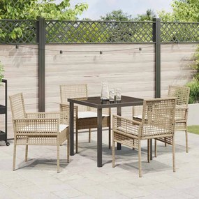 Conjunto de Jantar de 5 Peças com Almofadas Bege Rattan Poliéster