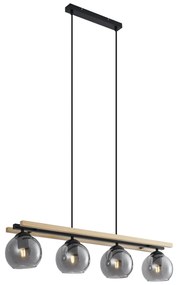 Candeeiro suspenso inteligente preto com madeira e vidro fumado 4 luzes incluindo WiFi A60 - Aleks