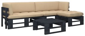 vidaXL 4 pcs conj. lounge paletes c/ almofadões pinho impregnado preto