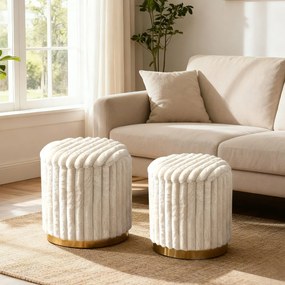 Conjunto de 2 pufe modernos 32 L + 21 L Pufes redondos estofados em pele de coelho com tampas removíveis e espaço bege