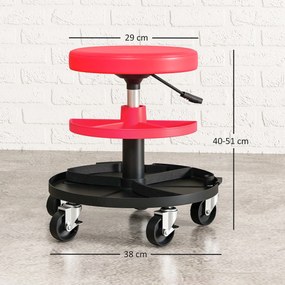 Banco de Oficina Giratório com Rodas Altura Ajustável de 40-51 cm Banco para Mecânico com 2 Bandejas para Ferramentas, Vermelho