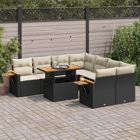 vidaXL 9 pcs conjunto sofás p/ jardim almofadões vime PE/acácia preto