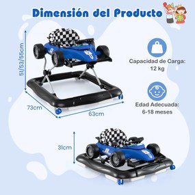 Andarilho para bebés 4 em 1 com altura ajustável em 3 níveis, volante, com assento almofadado e caixa de música azul