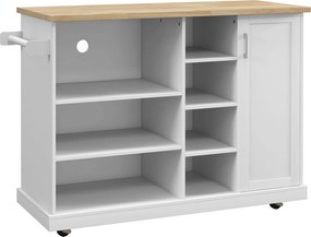 HOMCOM Carrinho ilha de cozinha com rodízios 7 compartimentos 1 armário 1 porta 1 suporte para panos 129 x 51 x 93 cm madeira e branco | Aosom Portugal