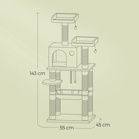 Arranhador com 11 colunas para arranhar 55 x 45 x 143 cm bege