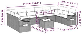 11 pcs conjunto sofás de jardim c/ almofadões vime PE cinzento
