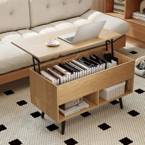 Mesa de centro com tampo elevável 80 x 40 x 46 cm, compartimento oculto e 2 prateleiras para sala de estar Natural
