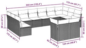 12 pcs conjunto de sofás jardim com almofadões vime PE castanho