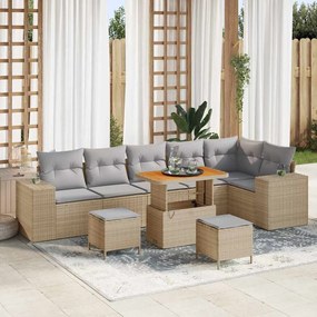 Conjunto de Sofás de Jardim vidaXL de 9 peças com Almofadas Rattan de Polietileno Bege Acácia
