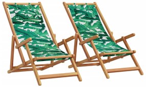 Cadeiras de praia dobráveis 2 pcs tecido/madeira padrão folhas