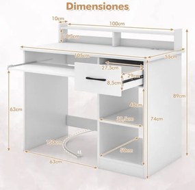 Secretária para computador 105 x 55 x 89 cm com tomadas elétricas, bandeja para teclado, gaveta e prateleira para escritório, casa ou estúdio, branca