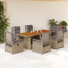 vidaXL 7 pcs conjunto de jantar p/ jardim com almofadões vime PE bege