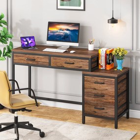 Tabela de computador com 5 gavetas Desk para estudar com gabinete reversível de gavetas