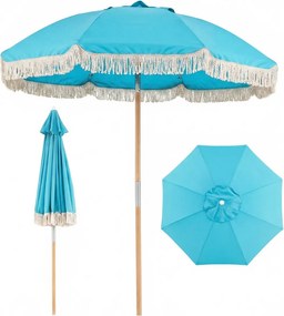 Guarda-sol de praia grande, 173 cm, mastro de madeira, 8 varas de fibra de vidro, inclinável, com borlas, para exterior e jardim, azul