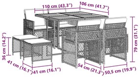 9 pcs conjunto de jantar p/ jardim c/ almofadões vime PE cinza