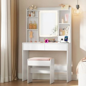 Toucador com espelho LED (BANCO NÃO INCLUIDO) regulável, 2 gavetas 40 x 90 x 145 cm Coleção Kailyn, branca