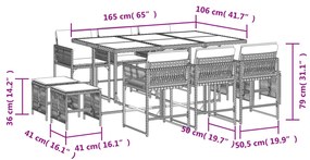 11 pcs conjunto de jantar p/ jardim com almofadões vime PE bege