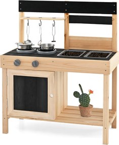 Conjunto de cozinha madeira para crianças com 2 pias removíveis, torneira, fogão e acessórios de cozinha para maiores de 3 anos, 67 x 30 x 82 cm, natu