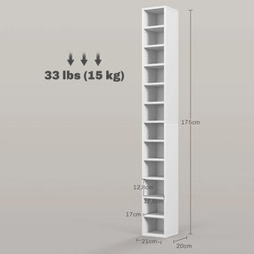 Organizador para CDs e DVDs com 12 compartimentos, capacidade máxima de 204 CDs, 21 x 20 x 175 cm, branco