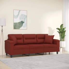 vidaXL Sofá 3 lug. c/ almofadas/almofadões couro artif. vermelho tinto