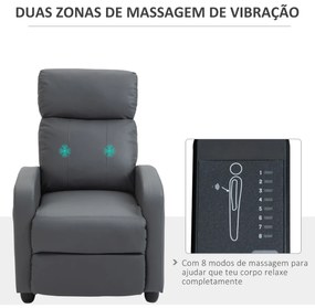 Poltrona de Massagem Poltrona Relax Reinclinável com Controle Remoto 2 Zonas de Massagem 8 Programas 5 Níveis de Intensidade Estofado em PU 68x88x98cm