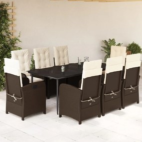 9 pcs conjunto jantar p/ jardim c/ almofadões vime PE castanho
