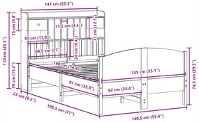 Cama com estante sem colchão 135x190 cm pinho maciço branco