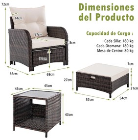 Conjunto de jardim de rattan de 5 peças com 2 cadeiras 2 Pufes Mesa de centro de vidro temperado Almofadas macias mistura de castanho e Bege