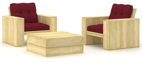 3 pcs conjunto lounge de jardim com almofadões pinho impregnado