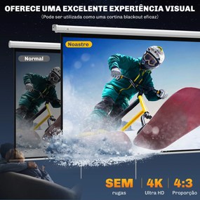 Tela de Projeção de 84 Polegadas Tela de Projetor Manual Formato 4:3 4K  Montagem na Parede ou Teto 181x8x138 cm Branco