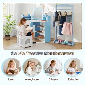 Toucador infantil de canto com luzes e cadeira princesa com 3 estantes de armazenamento 5 compartimentos abertos Acessórios Branco e Azul