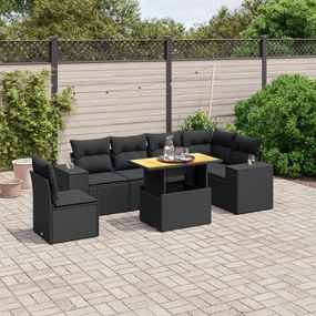 7 pcs conjunto de sofás p/ jardim c/ almofadões vime PE preto