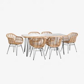 Conjunto De Mesa Retangular 180x90 Cm Leribert E 6 Cadeiras De Jardim Em Rattan Sintético Zole Natural - Sklum