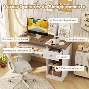 Secretária  para crianças com bandeja para teclado, gaveta e estante multifuncional (CADEIRA NÃO INCLUIDA)  Carvalho+Branco