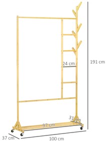 Suporte para Cabides de Bambu com Rodas Porta Cabides Multifuncional com 6 Ganchos Barra e Prateleira para Corredor Entrada Dormitório 100x37x191 cm M