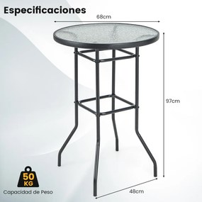 Mesa de Bar de jardim redonda com tampo de vidro temperado e estrutura metálica resistente a cargas de 50 kg 68 x 68 x 97 cm