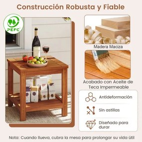 Mesa apoio jardim de 2 níveis em madeira maciça 45 x 45 x 44 cm, com prateleira de arrumação, pequena e quadrada, para pátio, jardim ou terraço Natura