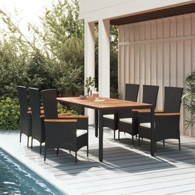 vidaXL 7 pcs conjunto de jantar p/ jardim c/ almofadões vime PE preto