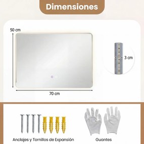 Espelho LED 70x50 cm para casa de banho com luz antiembaciamento e 3 cores reguláveis prateado