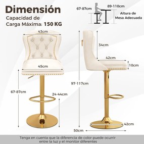 Conjunto de 2 bancos de bar estilo holandês em veludo com apoio para os pés Base metálica giratórios ajustável Branco e dourado