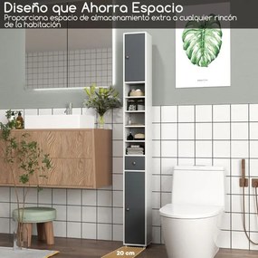 Armário de casa de banho alto e estreito com 2 portas, 1 gaveta e 5 prateleiras ajustáveis 20x20x180 cm cinza e branco