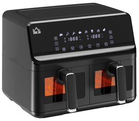 HOMCOM Fritadeira sem Óleo Dupla 8L 2500W com 8 Programas Ecrã LED Tátil Temperatura Ajustável 80-200°C Temporizador e Cesta Antiaderente 38,5x38x30,5 cm Preto