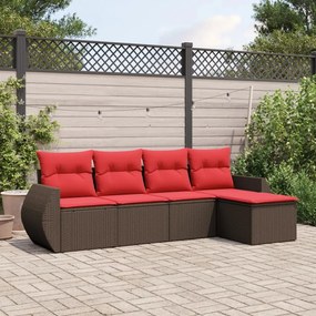 vidaXL 5 pcs conjunto sofás p/ jardim c/ almofadões vime PE castanho