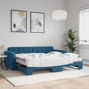 Sofá-cama com gavetão e colchões 90x200 cm veludo azul