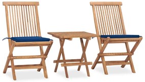 3 pcs conj. jantar dobrável exterior c/ almofadão teca maciça