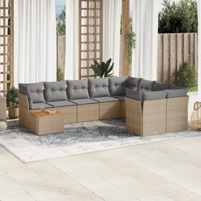 10 pcs conj. sofás jardim c/ almofadões vime PE bege misturado