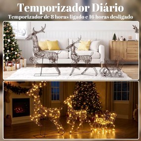 Conjunto de Renas e Trenó de Natal com Luzes, 3 Peças, em Rattan de PP, 240 LED, 8 Modos e Temporizador